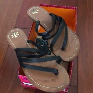 Tory Burch Patos flat sandal. Black calf leather.